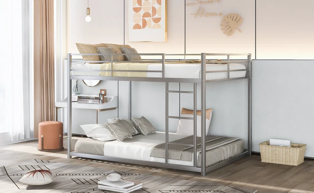 Alt view image 3 of 7 - Full over Full Metal Bunk Bed, Low Bunk Bed with Ladder, Silver