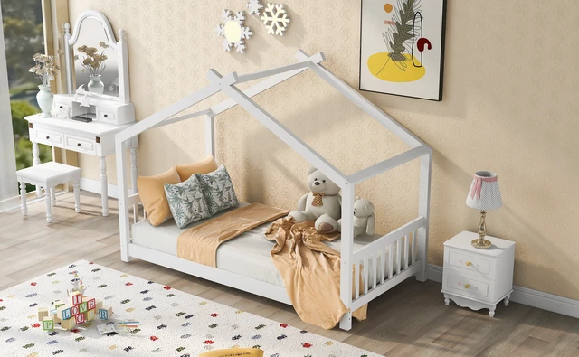 Alt view image 3 of 7 - Twin Size House Platform Bed with Headboard and Footboard, Roof Design, White