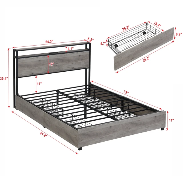 Alt view image 5 of 7 - Full Bed Frame, Storage Headboard with Charging Station, Solid and Stable, Noise Free, No Box Spring Needed, Easy Assembly