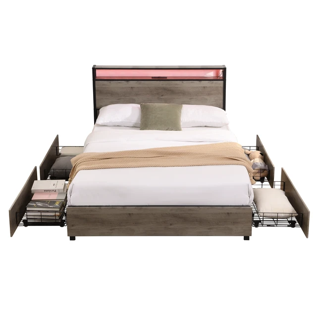 Alt view image 7 of 7 - Full Bed Frame, Storage Headboard with Charging Station, Solid and Stable, Noise Free, No Box Spring Needed, Easy Assembly