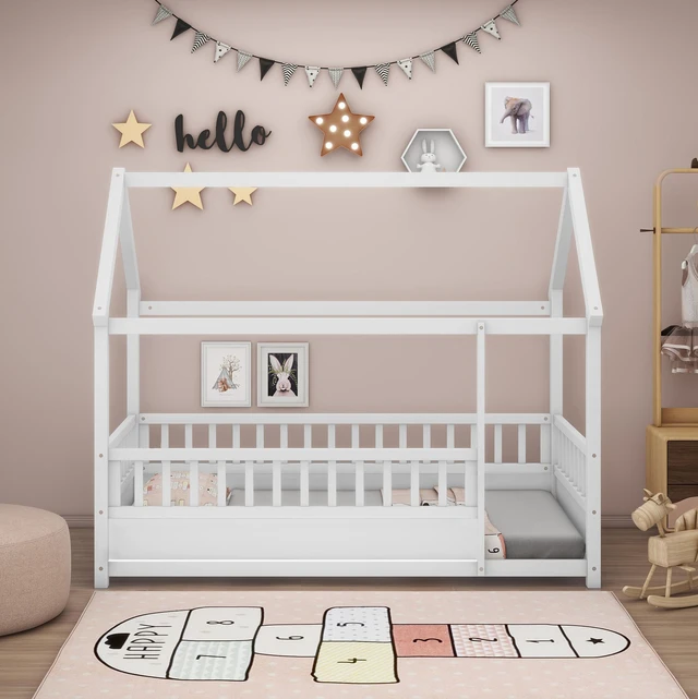 Main image of Twin Size Floor Wooden Bed with House Roof Frame, Fence Guardrails,White