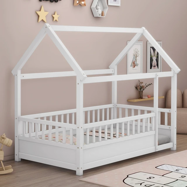 Alt view image 2 of 7 - Twin Size Floor Wooden Bed with House Roof Frame, Fence Guardrails,White