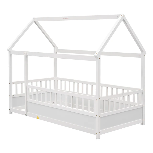 Alt view image 7 of 7 - Twin Size Floor Wooden Bed with House Roof Frame, Fence Guardrails,White
