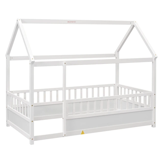 Alt view image 6 of 7 - Twin Size Floor Wooden Bed with House Roof Frame, Fence Guardrails,White