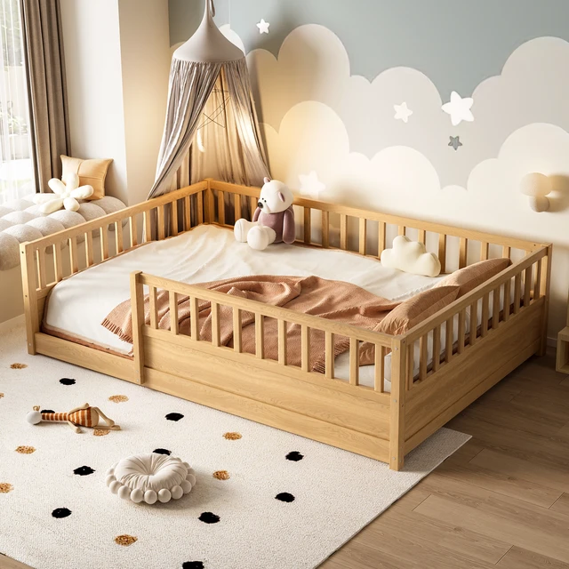 Alt view image 2 of 7 - Full Size Floor bed, integral construction with super high security barrier, door, children's floor bed frame, Montessori wooden children's floor bed,Natural(Patented model)