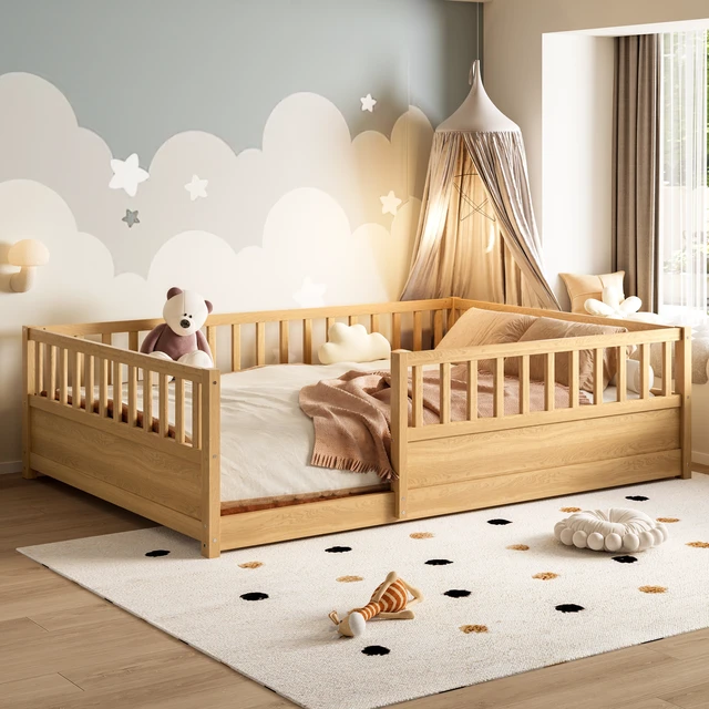 Alt view image 3 of 7 - Full Size Floor bed, integral construction with super high security barrier, door, children's floor bed frame, Montessori wooden children's floor bed,Natural(Patented model)