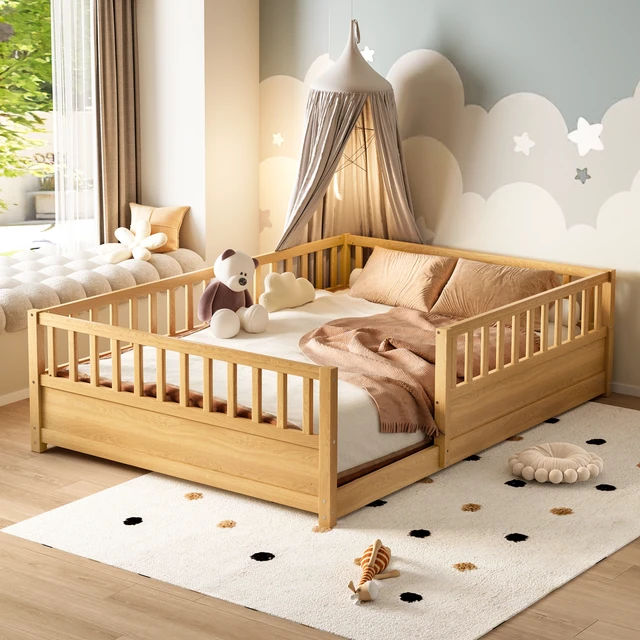 Alt view image 4 of 7 - Full Size Floor bed, integral construction with super high security barrier, door, children's floor bed frame, Montessori wooden children's floor bed,Natural(Patented model)