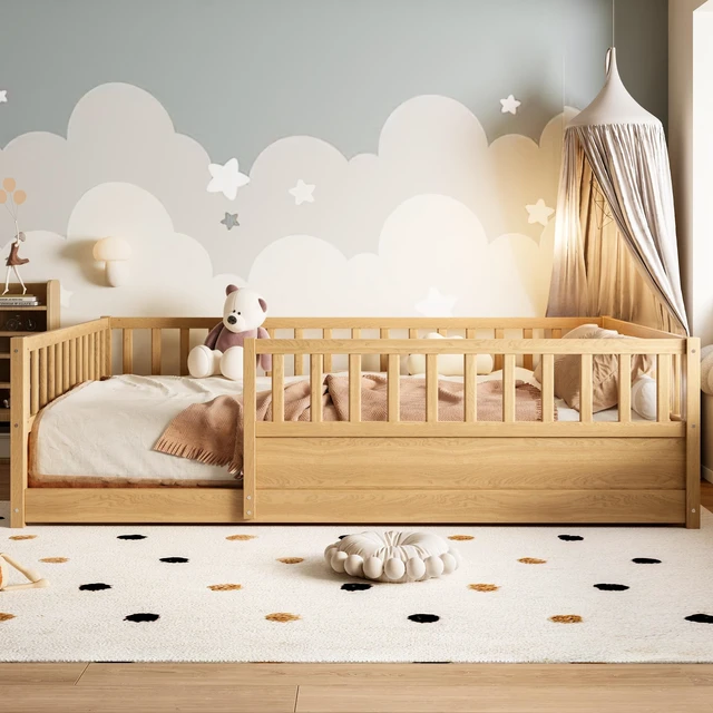 Main image of Full Size Floor bed, integral construction with super high security barrier, door, children's floor bed frame, Montessori wooden children's floor bed,Natural(Patented model)