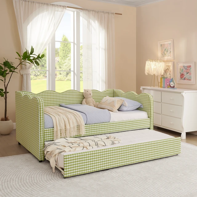 Alt view image 3 of 7 - Cozy Gingham Daybed with Trundle Twin Size Sofa Bed No Box Spring Needed, with USB Port and Adorable Wave Shaped, Linen Fabric, Green