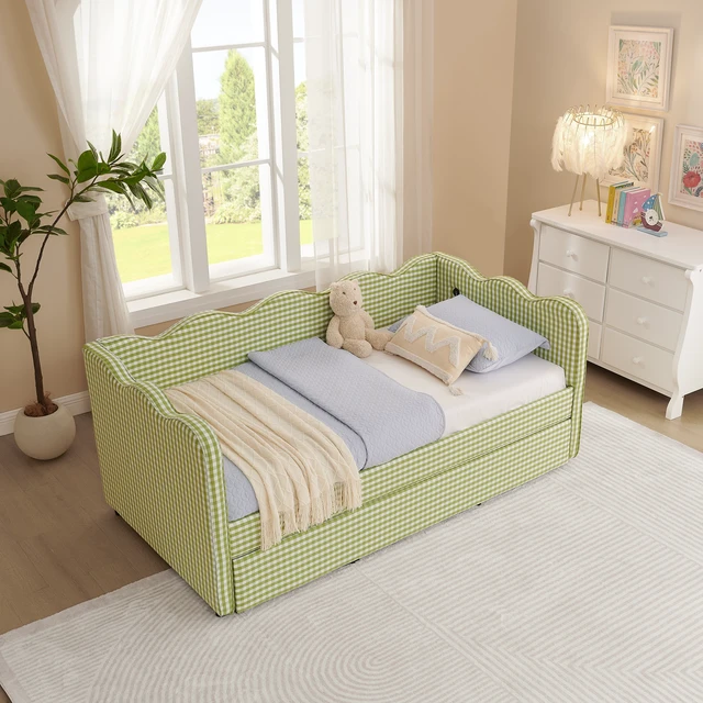 Alt view image 4 of 7 - Cozy Gingham Daybed with Trundle Twin Size Sofa Bed No Box Spring Needed, with USB Port and Adorable Wave Shaped, Linen Fabric, Green