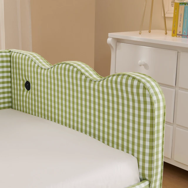 Alt view image 7 of 7 - Cozy Gingham Daybed with Trundle Twin Size Sofa Bed No Box Spring Needed, with USB Port and Adorable Wave Shaped, Linen Fabric, Green