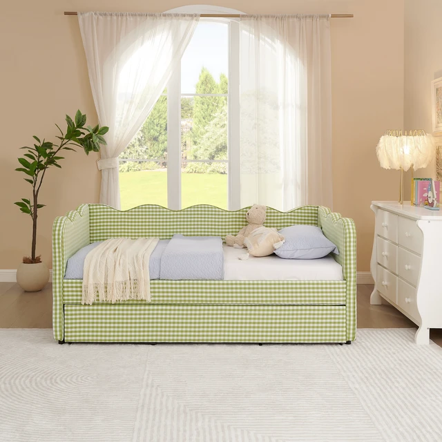 Alt view image 6 of 7 - Cozy Gingham Daybed with Trundle Twin Size Sofa Bed No Box Spring Needed, with USB Port and Adorable Wave Shaped, Linen Fabric, Green