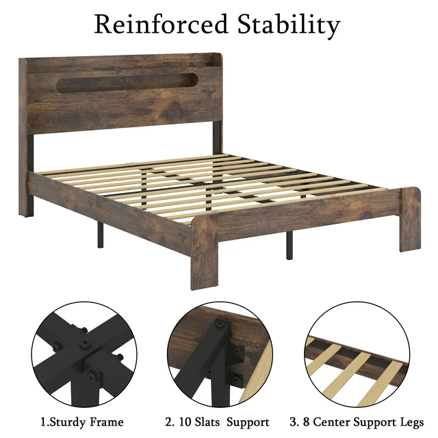 Alt view image 6 of 7 - Bed Frame Queen Size, Wood Platform Bed Frame with Storage LED Light Headboard and 2 USB , Noise Free,No Box Spring Needed and Easy Assembly Tool,Large Under Bed Storage,Dark Brown