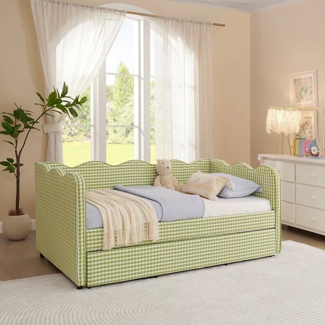 Alt view image 5 of 7 - Cozy Gingham Daybed with Trundle Twin Size Sofa Bed No Box Spring Needed, with USB Port and Adorable Wave Shaped, Linen Fabric, Green