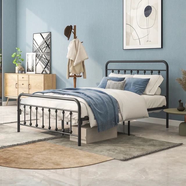 Alt view image 2 of 7 - Metal Platform Bed Frame, Victorian Style Headboard/Footboard/Under Bed Storage/No Box Spring Needed/Full Size Black