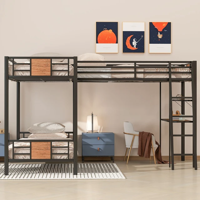Alt view image 2 of 7 - L-Shaped Twin over Twin Bunk Bed with Twin Size Loft Bed with Desk and Shelf ,Black