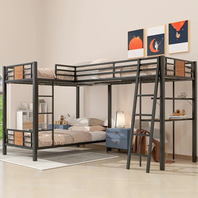 Main image of L-Shaped Twin over Twin Bunk Bed with Twin Size Loft Bed with Desk and Shelf ,Black
