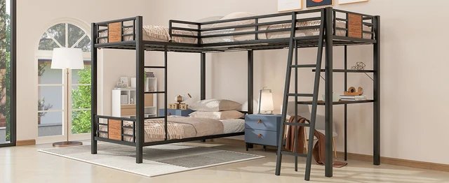Alt view image 7 of 7 - L-Shaped Twin over Twin Bunk Bed with Twin Size Loft Bed with Desk and Shelf ,Black