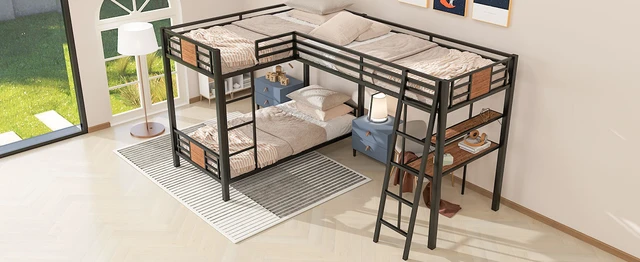 Alt view image 6 of 7 - L-Shaped Twin over Twin Bunk Bed with Twin Size Loft Bed with Desk and Shelf ,Black