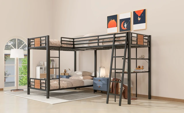 Alt view image 4 of 7 - L-Shaped Twin over Twin Bunk Bed with Twin Size Loft Bed with Desk and Shelf ,Black