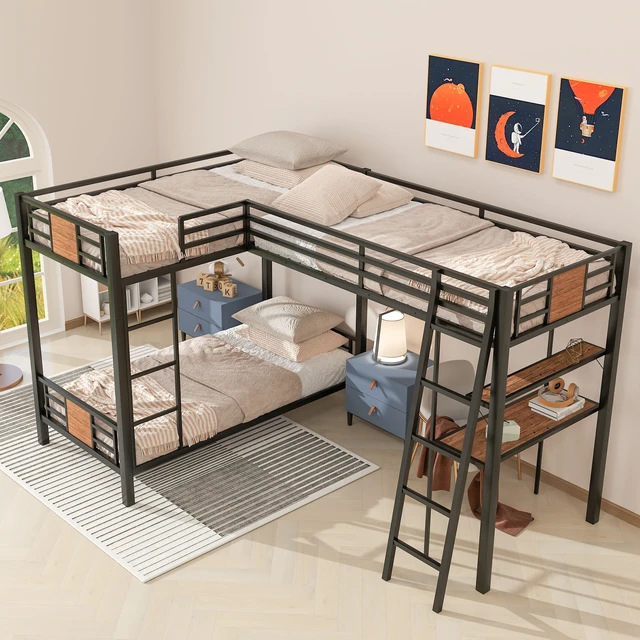 Alt view image 3 of 7 - L-Shaped Twin over Twin Bunk Bed with Twin Size Loft Bed with Desk and Shelf ,Black