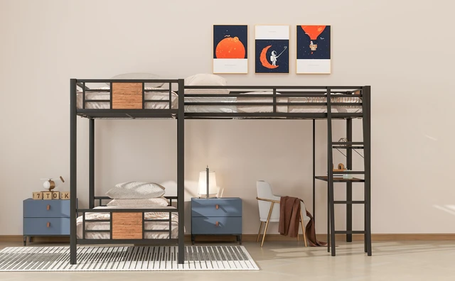 Alt view image 5 of 7 - L-Shaped Twin over Twin Bunk Bed with Twin Size Loft Bed with Desk and Shelf ,Black