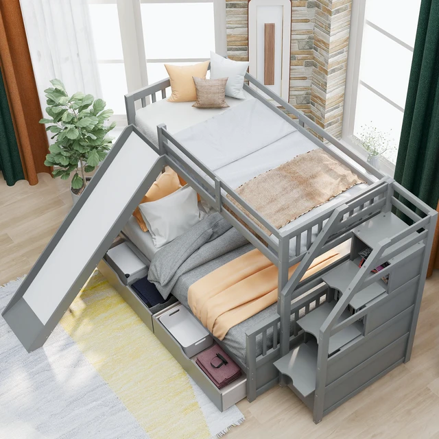 Alt view image 2 of 7 - Twin over Full Bunk Bed with Drawers,Storage and Slide, Multifunction, Gray