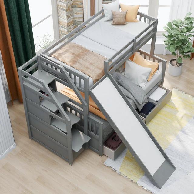 Alt view image 4 of 7 - Twin over Full Bunk Bed with Drawers,Storage and Slide, Multifunction, Gray