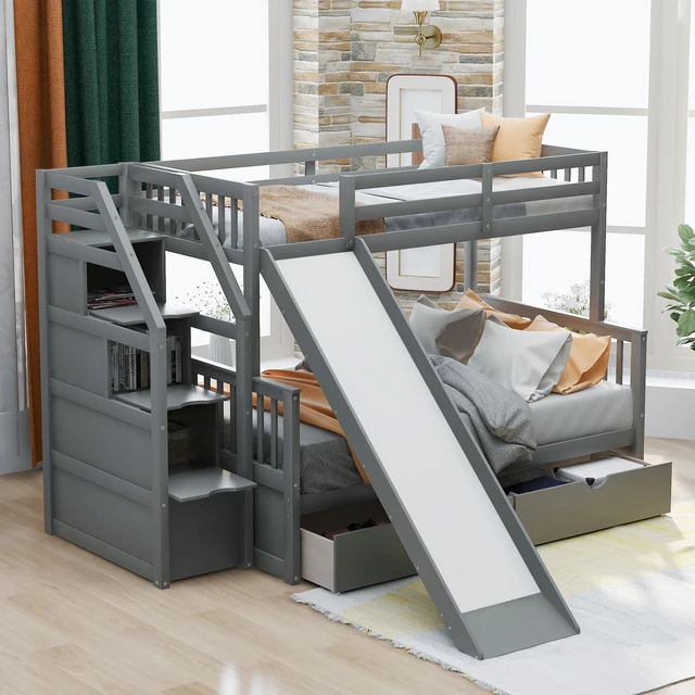 Alt view image 3 of 7 - Twin over Full Bunk Bed with Drawers,Storage and Slide, Multifunction, Gray