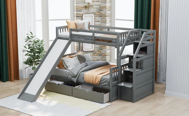 Alt view image 5 of 7 - Twin over Full Bunk Bed with Drawers,Storage and Slide, Multifunction, Gray