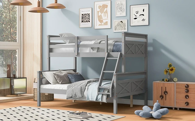 Alt view image 4 of 7 - Twin over Full Bunk Bed with ladder, Safety Guardrail, Perfect for Bedroom, Gray