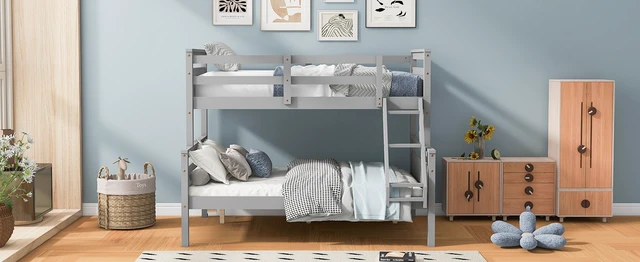 Alt view image 7 of 7 - Twin over Full Bunk Bed with ladder, Safety Guardrail, Perfect for Bedroom, Gray