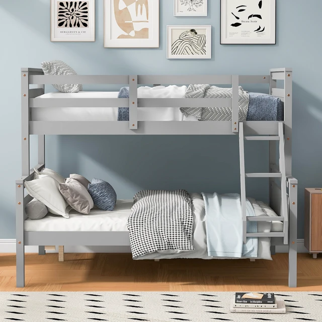 Alt view image 2 of 7 - Twin over Full Bunk Bed with ladder, Safety Guardrail, Perfect for Bedroom, Gray