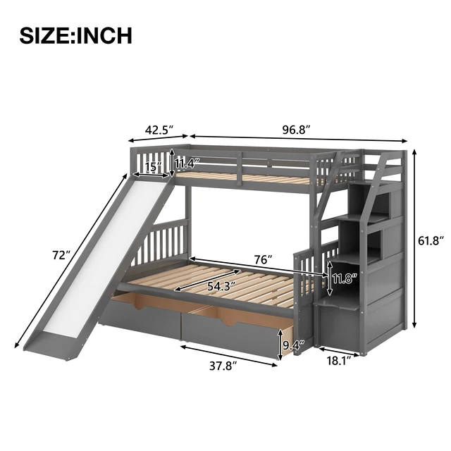 Alt view image 6 of 7 - Twin over Full Bunk Bed with Drawers,Storage and Slide, Multifunction, Gray