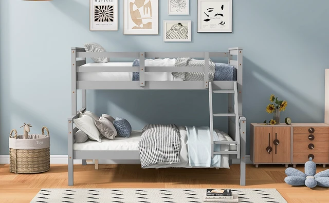 Alt view image 6 of 7 - Twin over Full Bunk Bed with ladder, Safety Guardrail, Perfect for Bedroom, Gray