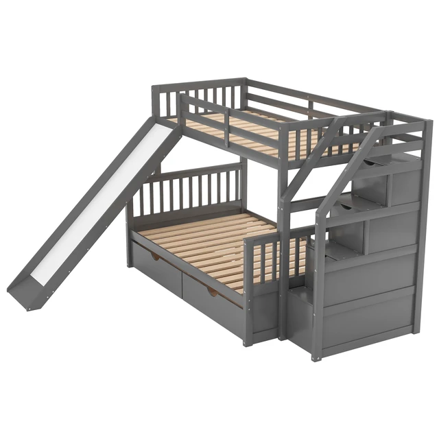 Alt view image 7 of 7 - Twin over Full Bunk Bed with Drawers,Storage and Slide, Multifunction, Gray