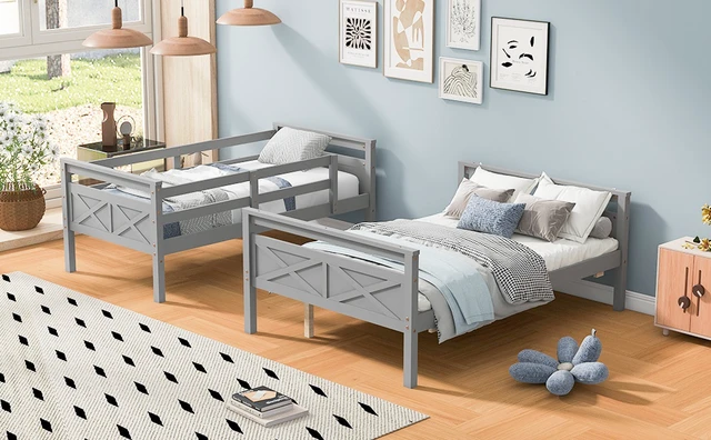 Alt view image 5 of 7 - Twin over Full Bunk Bed with ladder, Safety Guardrail, Perfect for Bedroom, Gray
