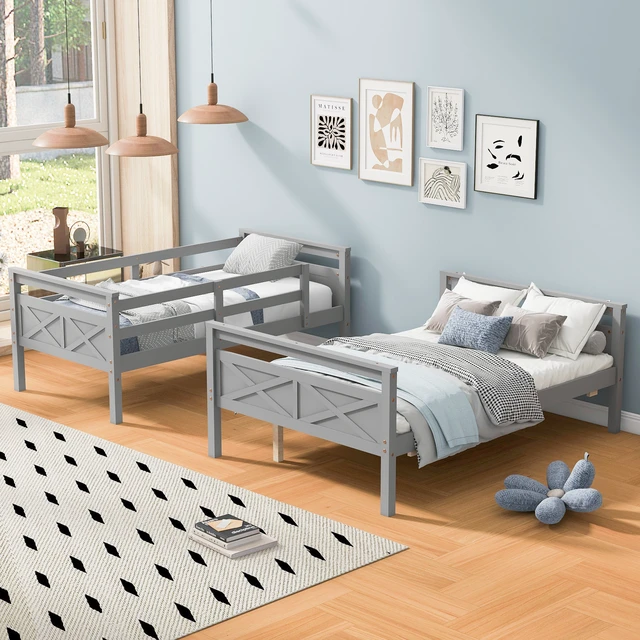 Alt view image 3 of 7 - Twin over Full Bunk Bed with ladder, Safety Guardrail, Perfect for Bedroom, Gray