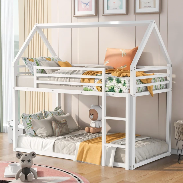 Main image of Twin over Twin House Bunk Bed with Built-in Ladder,White