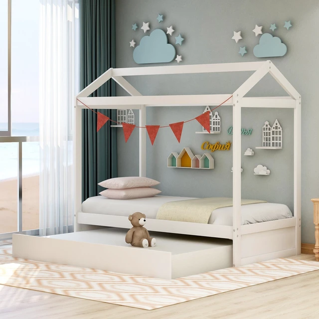 Main image of House Bed with Trundle, can be Decorated,White