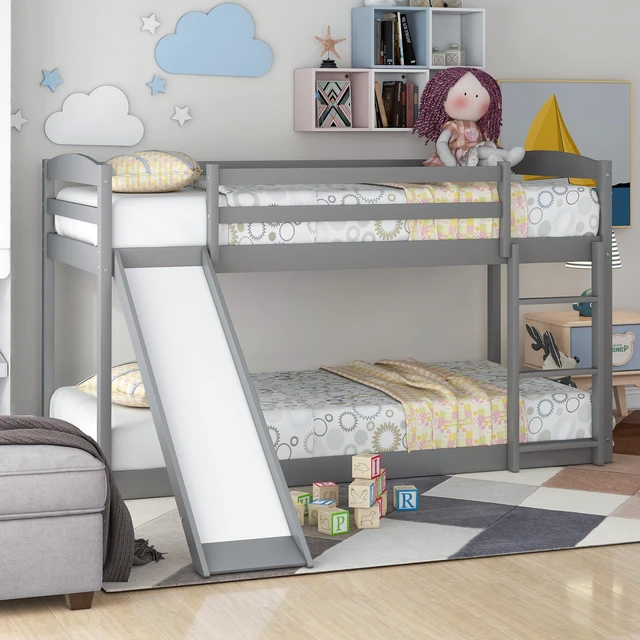 Alt view image 6 of 7 - Twin over Twin Bunk Bed with Convertible Slide and Ladder , Gray