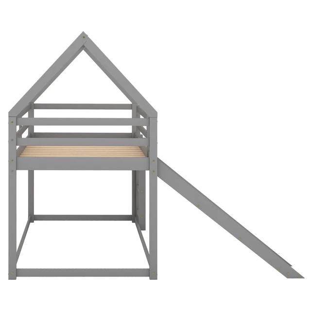 Alt view image 7 of 7 - Twin Size Bunk House Bed with Slide and Ladder,Gray