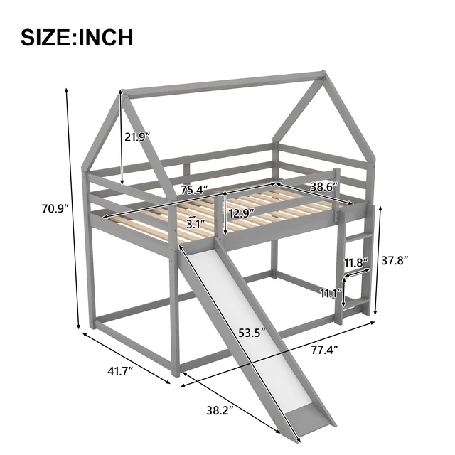 Alt view image 6 of 7 - Twin Size Bunk House Bed with Slide and Ladder,Gray