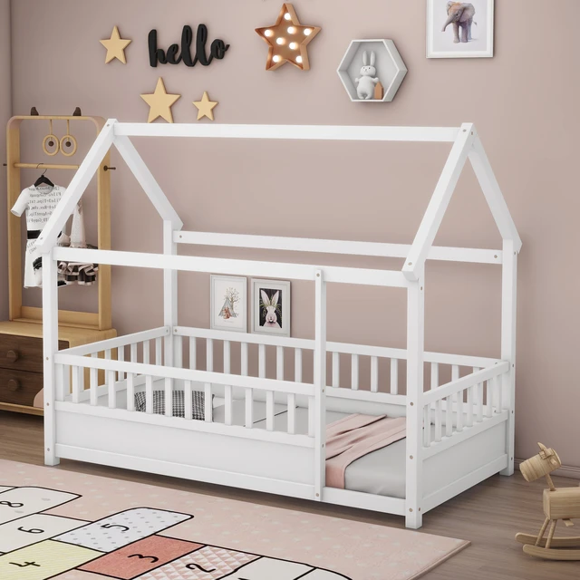 Alt view image 4 of 7 - Twin Size Floor Wooden Bed with House Roof Frame, Fence Guardrails,White