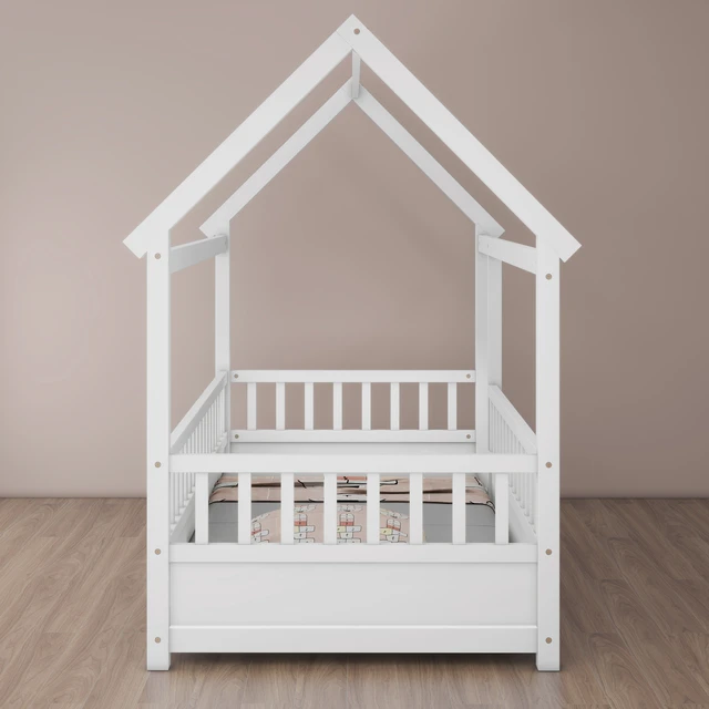 Alt view image 5 of 7 - Twin Size Floor Wooden Bed with House Roof Frame, Fence Guardrails,White