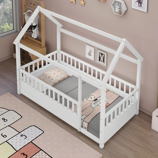 Alt view image 3 of 7 - Twin Size Floor Wooden Bed with House Roof Frame, Fence Guardrails,White
