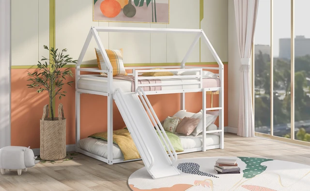 Alt view image 3 of 7 - Twin over Twin House Bunk Bed with Ladder and Slide,White