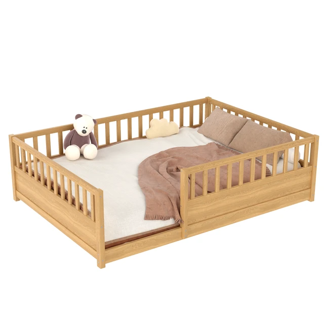 Alt view image 5 of 7 - Full Size Floor bed, integral construction with super high security barrier, door, children's floor bed frame, Montessori wooden children's floor bed,Natural(Patented model)