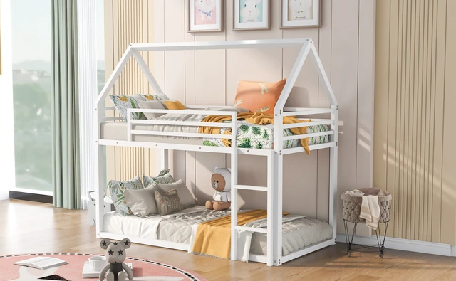Alt view image 3 of 7 - Twin over Twin House Bunk Bed with Built-in Ladder,White