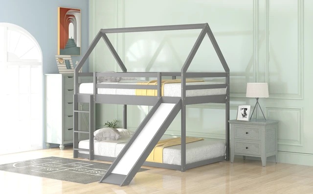 Alt view image 4 of 7 - Twin Size Bunk House Bed with Slide and Ladder,Gray